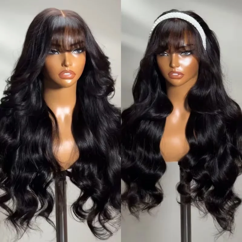 Perruque brésilienne 3x1 en cheveux humains ondulés avec raie au milieu et frange, sans colle, densité 220%, pré-épilée, pour femmes