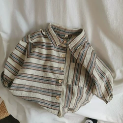 Kids Striped Shirts 2023 Spring New Children's Cotton and Hemp Blouse Baby Girls Boys Shirts Korean Style Long Sleeve Tops