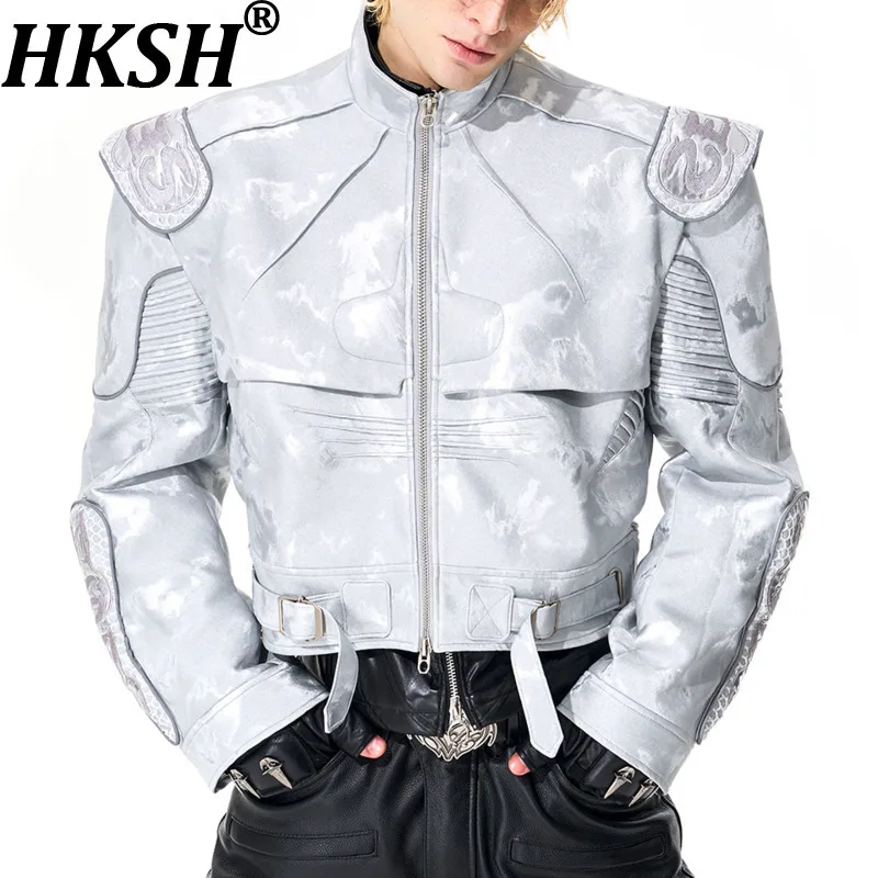 

HKSH осень зима новый мужской тренд панк лоскутное вышитое наплечник короткая кожаная куртка уличная мотобайкерское пальто HK14256