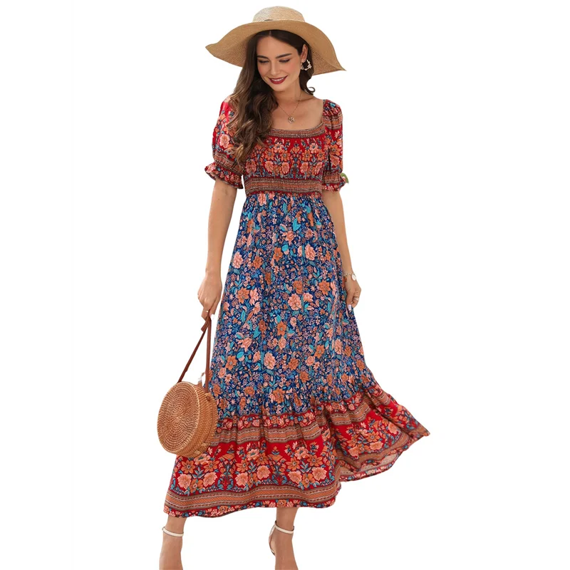 ABRT - Damska Sukienka Maxi na Lato 2025, Odkryte Ramiona, Boho, Kwiatowy Wzór, Warstwowa, Codzienna, Zwiewna, Długa