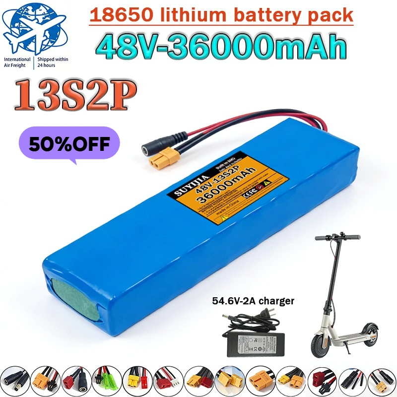

48V- 36000mAh new 18650 lithium battery pack-13S2P built-in BMS protection plate suitable for scooter battery 54.6V-2A charger