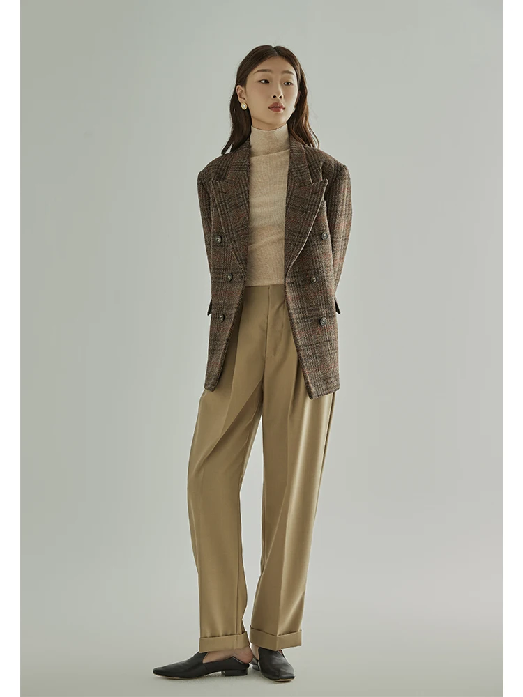 

UK Sle Thiened Woolen Women's Straight Leg Pants High Waist Trousers with Cuff Vintage 3D Tailoring Commute Faion