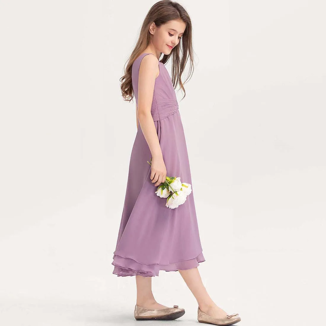 YZYmanualroom Chiffon Junior Bridesmaid Dress With Bow A-line Square Tea-Length 2-15T