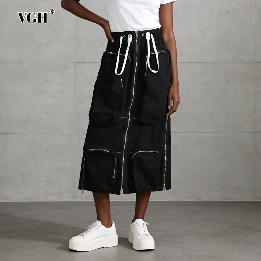 

VGH Slimming Design Sense Long Utility Skirts For Women High Waist Spliced Pockets Summer Temperament Skirt Female Fashion New