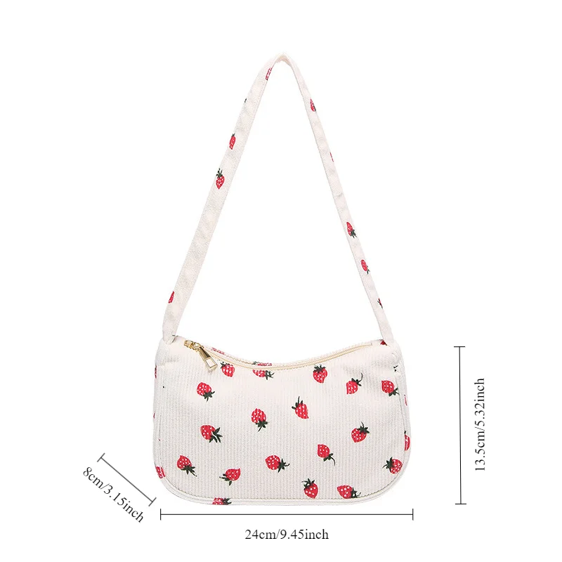 Strawberry Printed Shoulder Bag Corduroy Fresh Ins Style Underarm Bag Refined Female Student Travel Handbag