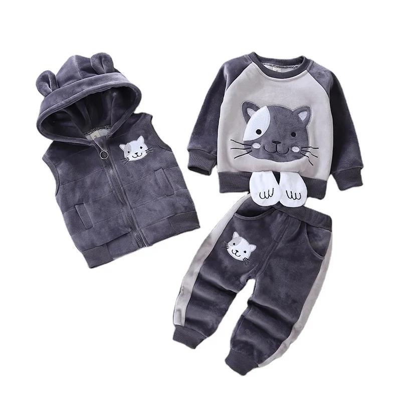 New Winter Baby Girls Clothes Kids Boys Clothing Children Thickened Hooded Vest T-Shirt Pants 3Pcs/Sets Toddler Casual Costume