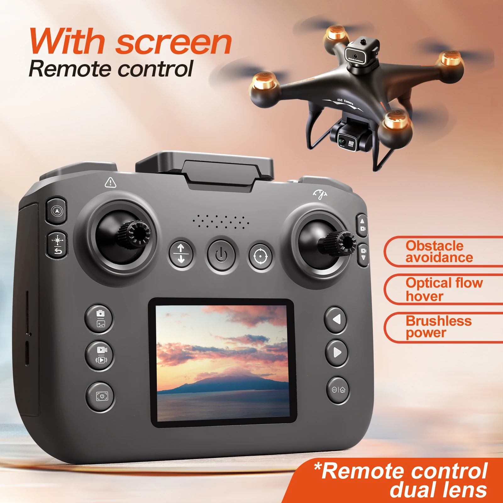 

S116 toy drone with a large-screen remote control, HD dual cameras, optical flow positioning, follow-me mode, and obstacle avoid