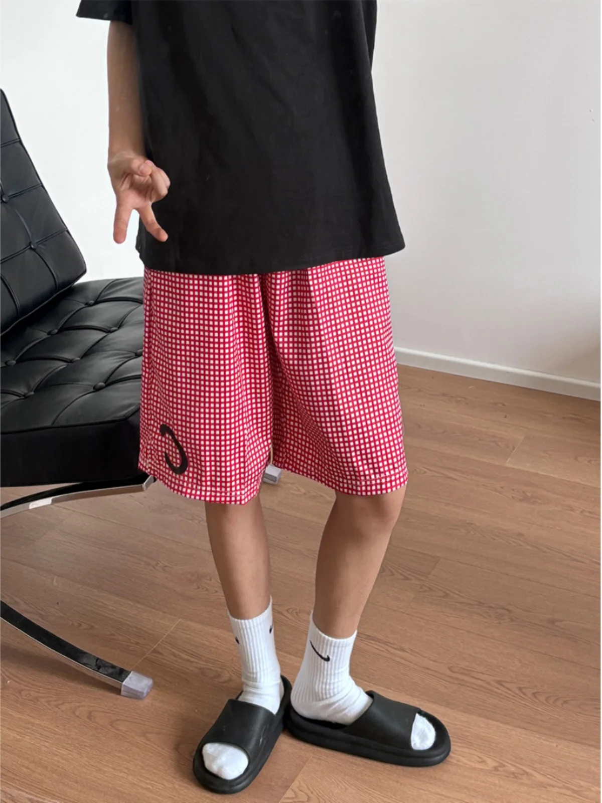 Qui Dry Plaid orts Men's Summer American Retro 2024 New Five-Quarter Casual Beach High Street Pants Loose Fit No Ironing