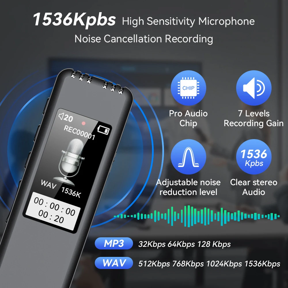Registratore audio digitale ad attivazione vocale da 1536 kbps/512 kbps Lettore MP3 Con un pulsante Cancellazione del rumore Registrazione di lungo tempo per riunioni
