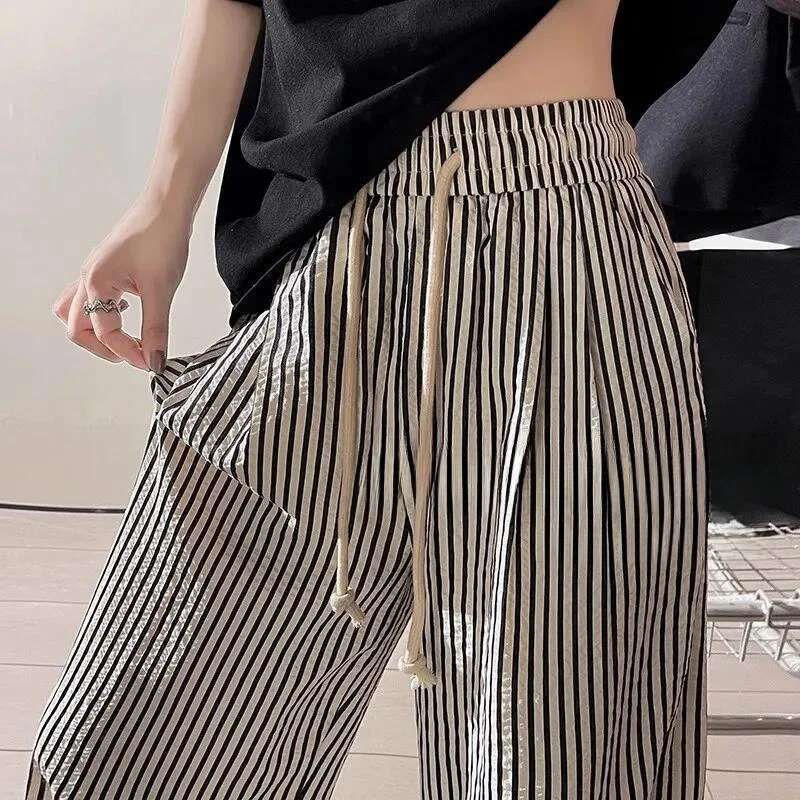 Pantaloni dimagranti a vita alta a gamba larga Pantaloni estivi sottili da donna BF Sle Pantaloni casual Strisce verticali Allentati Lazy Sle Drapey