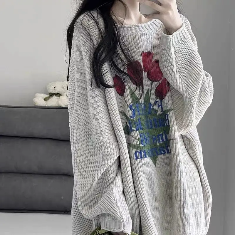 

Pullover Tulip Print Autumn And Winter Women'S Round Neck Sweater Streetwear Knitted Sweater Casual Lazy Style Knitted Pullover