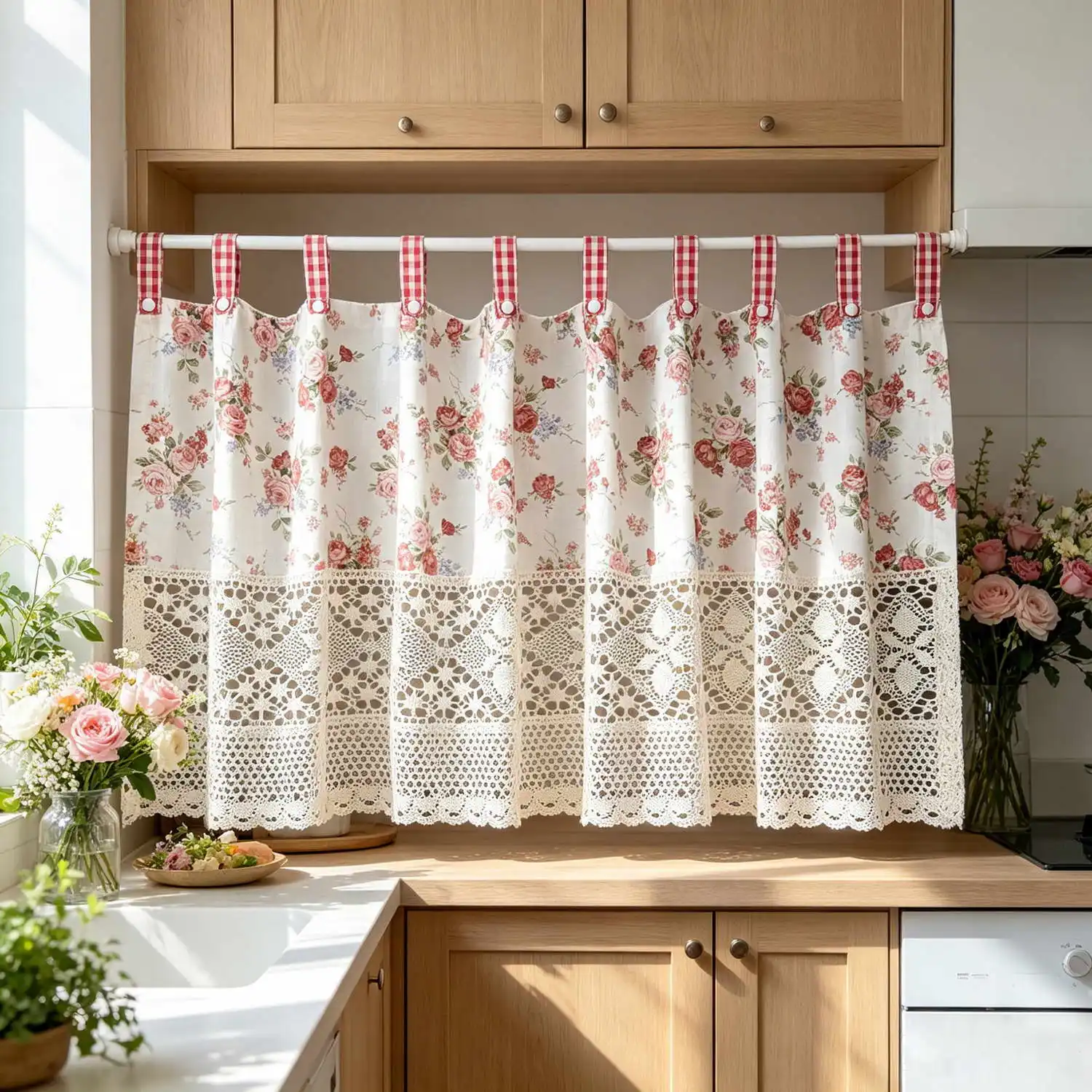 Hollow Crochet Lace Rose Print Short Curtain Detachable Red Plaid Button Tab Dust Cover for Storage Cabinet Indoor Window Decor