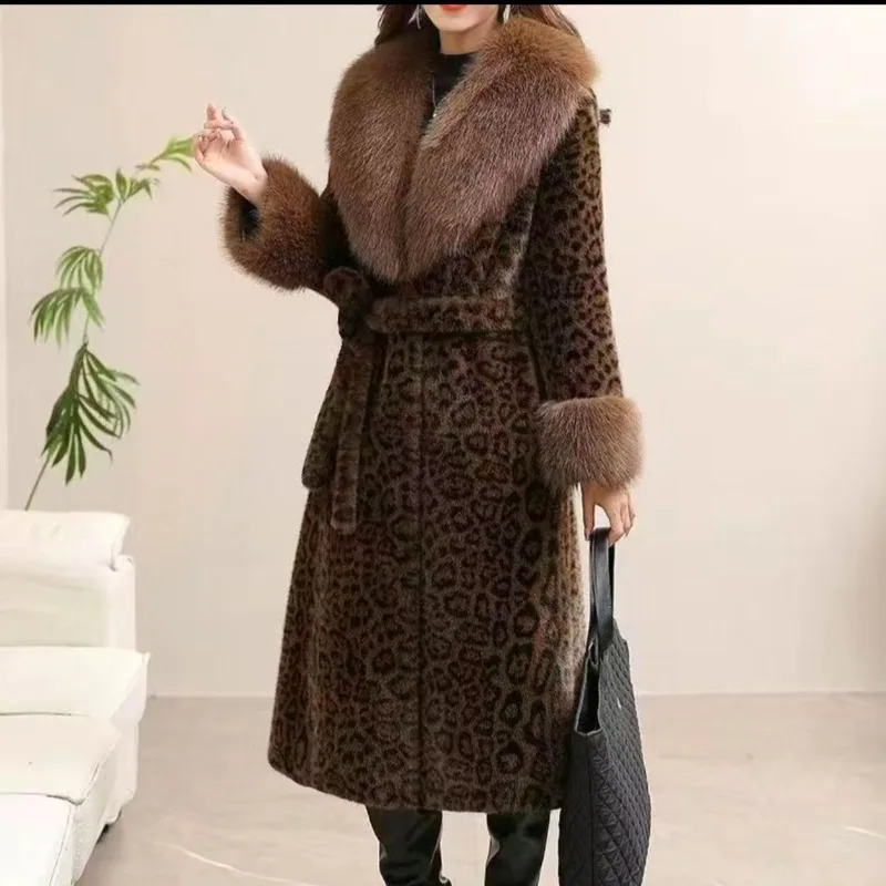 Women's Clothing New Leopard Print Long Faux Fur Coats Trench Coats One-piece Chic Winter Warm Fashion Thicken Fur Collar Belt