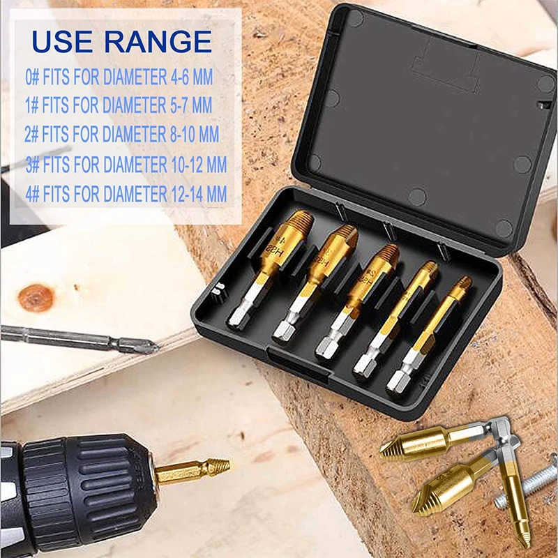 5Pc Beschadigde Schroef Extractor Remover Boor Set Demonteren Schroeven Bolt Stud Slip Tanden Slopen Stripped Gebroken Remover Gereedschap