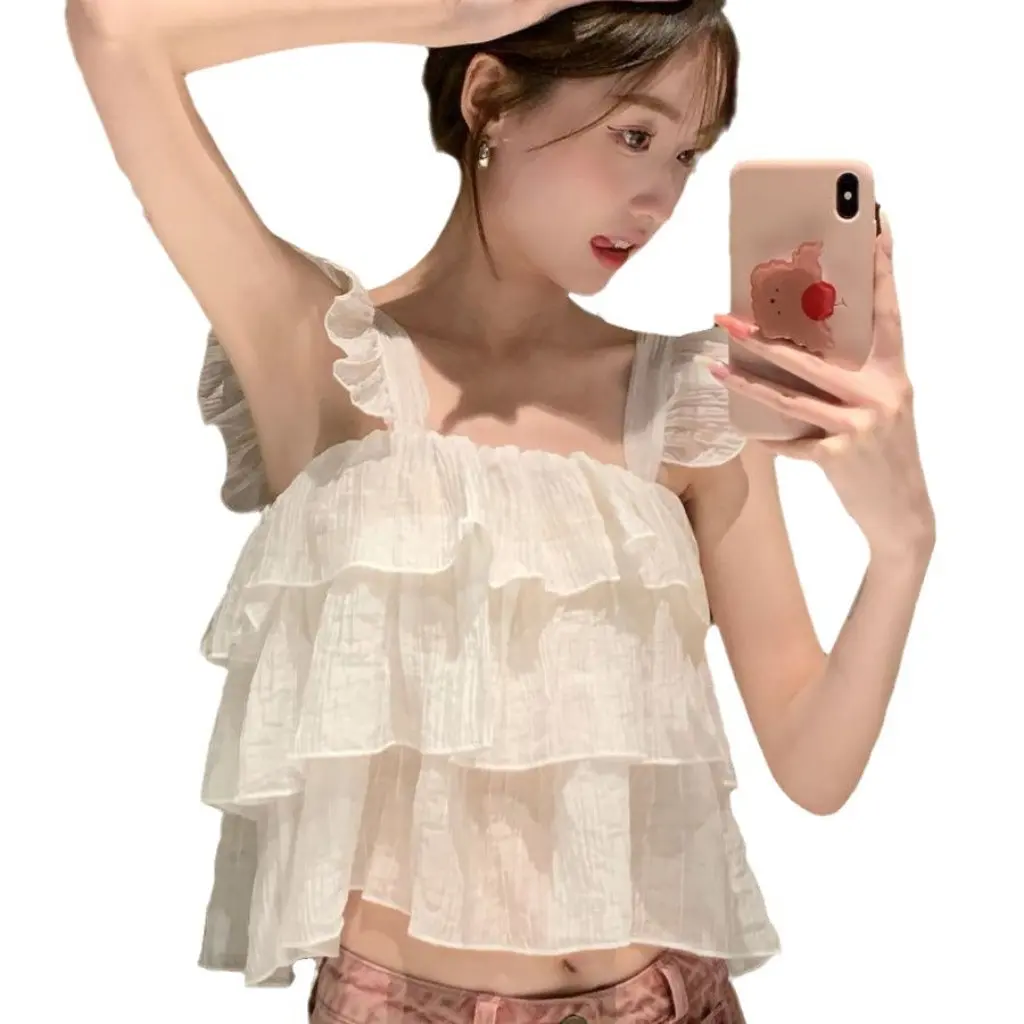 

French Sweet High Waist Backless Ruffled Camisole Women's Sleeveless Top for Summer Fashion