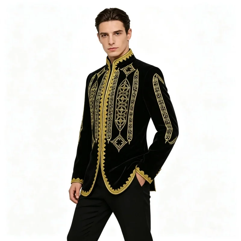 Men's Slim Fit Black Velvet Court Blazer with Gold Floral Embroidery Stand Collar Wedding Groom Tuxedo Bar Singer Stage Costume