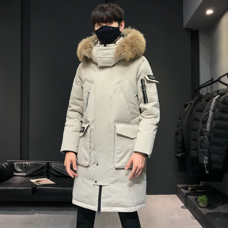 Men\'s Coat Medium Length Over Knee Thickened Warm Large Fur Collar Cold Proof Trend Hooded Big Pockets Zippers Wholesale on Hot.