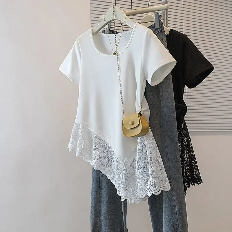 Customization Large Size Women's Clothing Summer New Solid Color Loose And Thin Irregular Lace Splicing Short-sleeved T-shirt