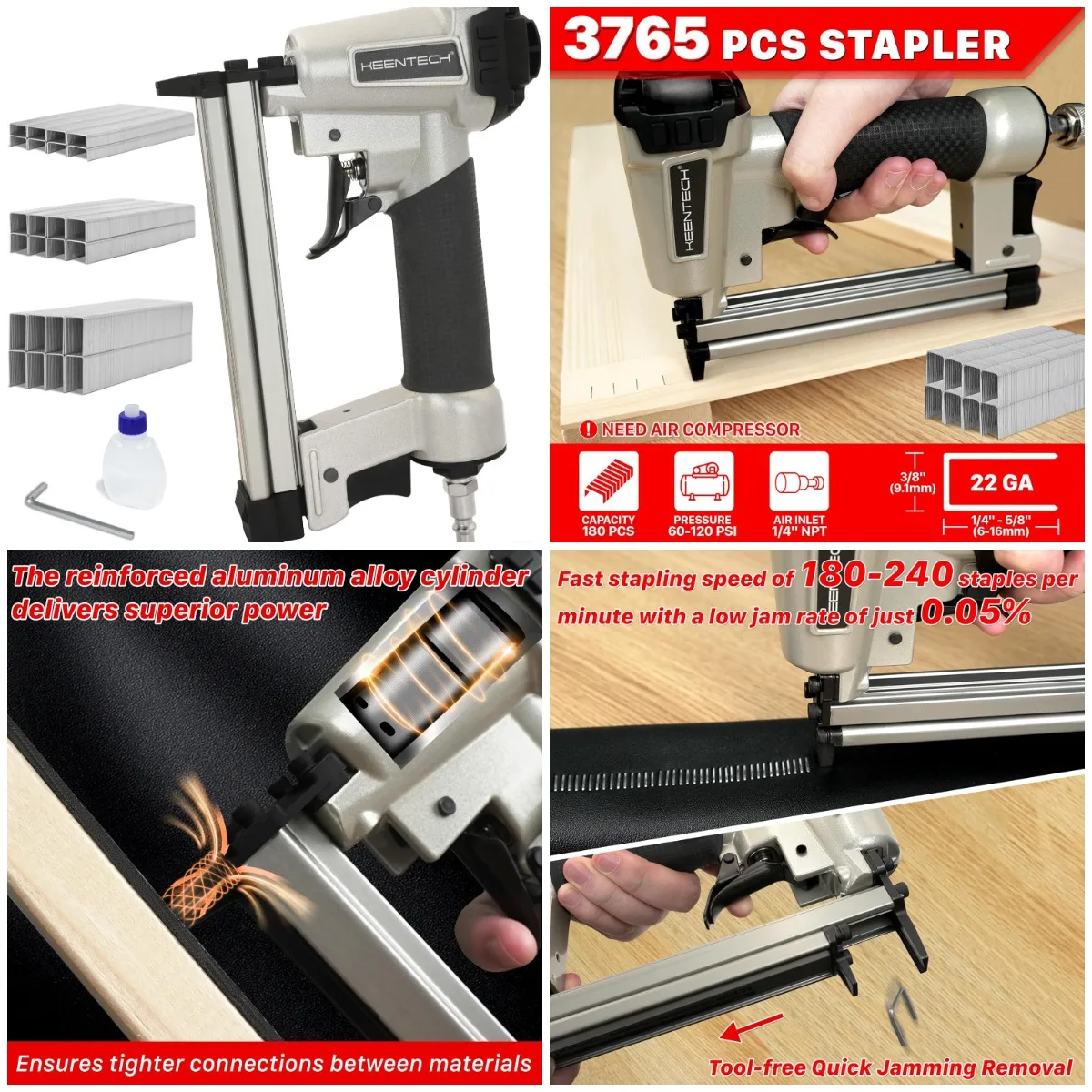 

Пневматический степлер 22, калибр, степлер для воздушной обивки с 3765 шт. скобами с короной 3/8 дюйма, безопасный триггер, для дерева, ткани, кожи