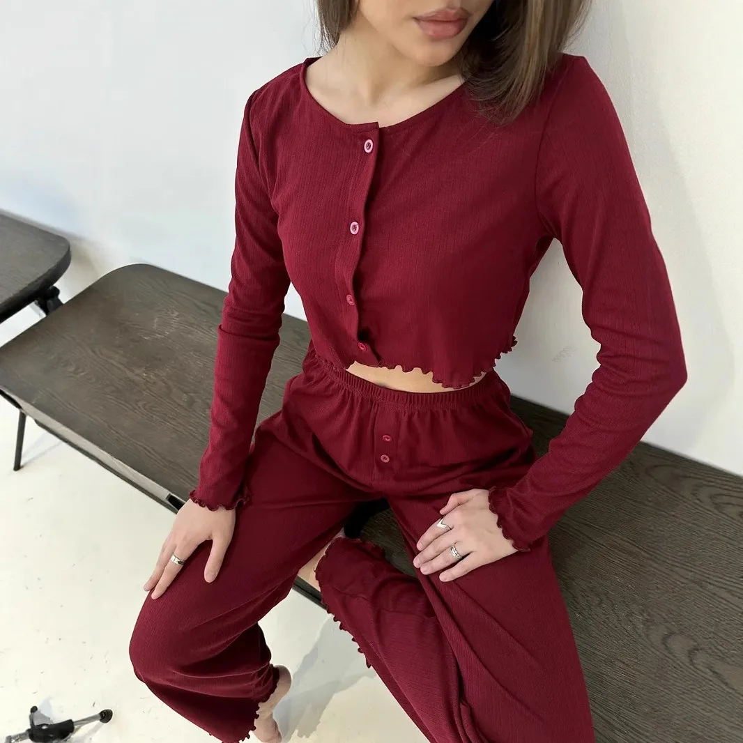 2025 Cotton material Spring Summer Women's Sexy Pajamas Homewear Set Knitted Design Long Sleeve Long Pants Pajamas Homewear Set