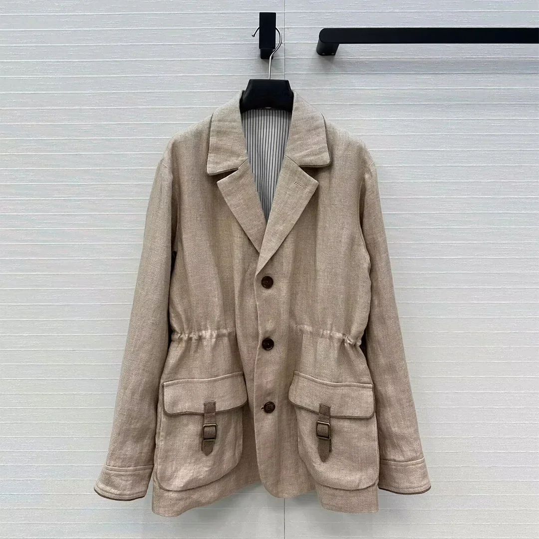 

Высококачественная ретро-модная элегантная льняная куртка с длинными рукавами и карманами, новый стиль 2026 года