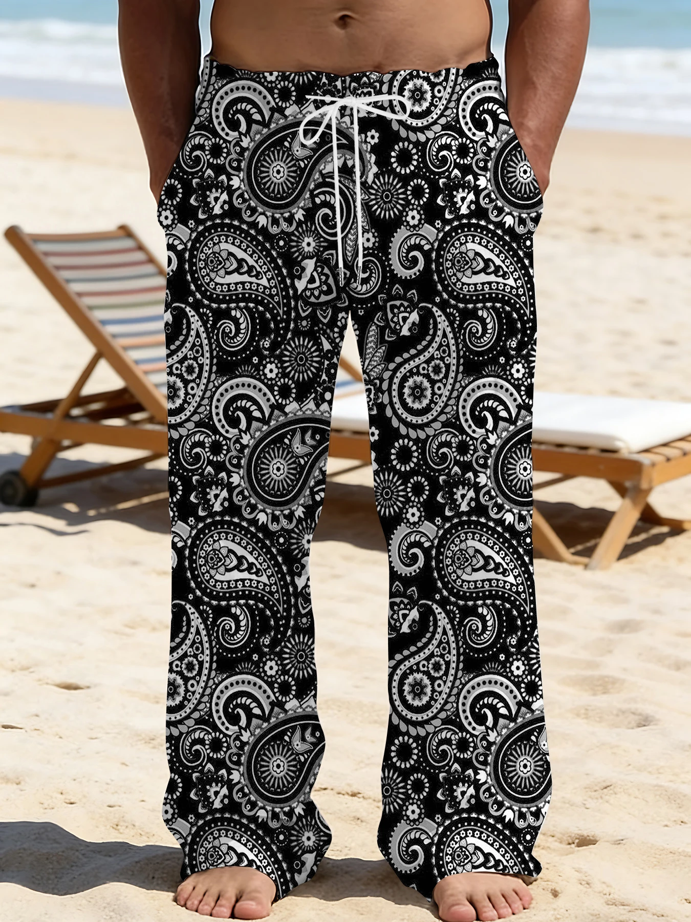 

2026 Men's Printed Straight Leg Pants Abstract Wave Pattern Drawstring Waist Loose Fit Summer Beach Casual Lightweight Pants