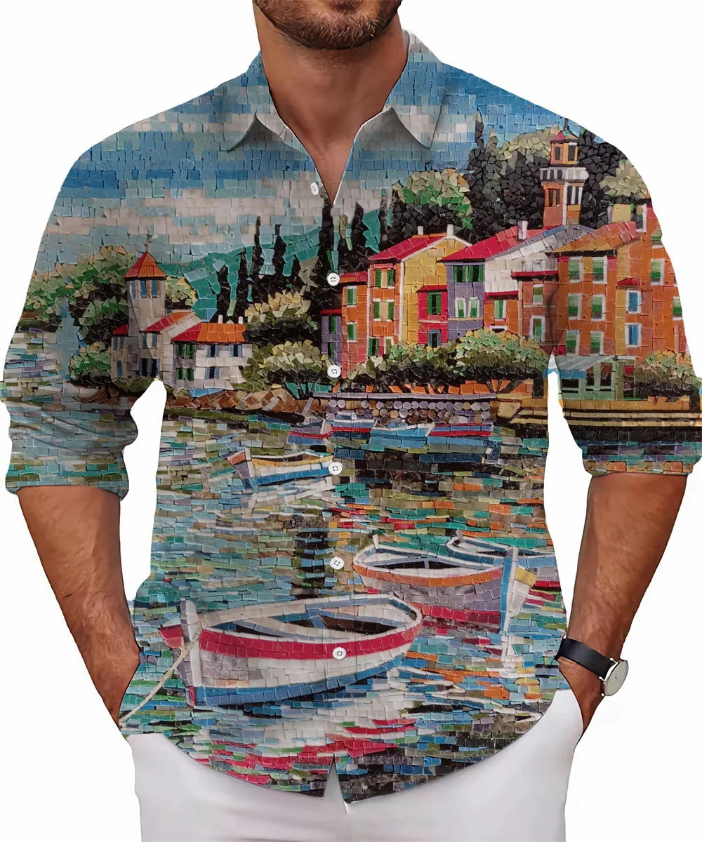 New style printed landscape graphic shirt men's long sleeve casual shirt fashion street high-end large size men's clothing 6XL