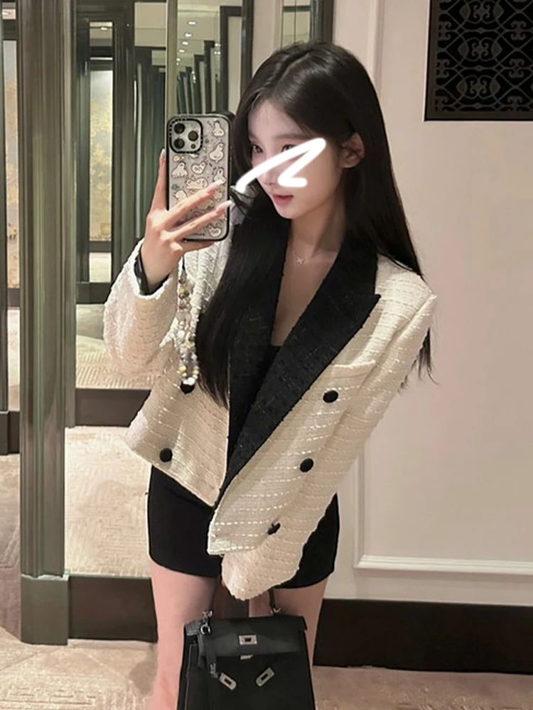 

Женское шерстяное пальто FFmiss Bla White с контрастными вставками, двубортное, свободного кроя, из твида, на весну, модное