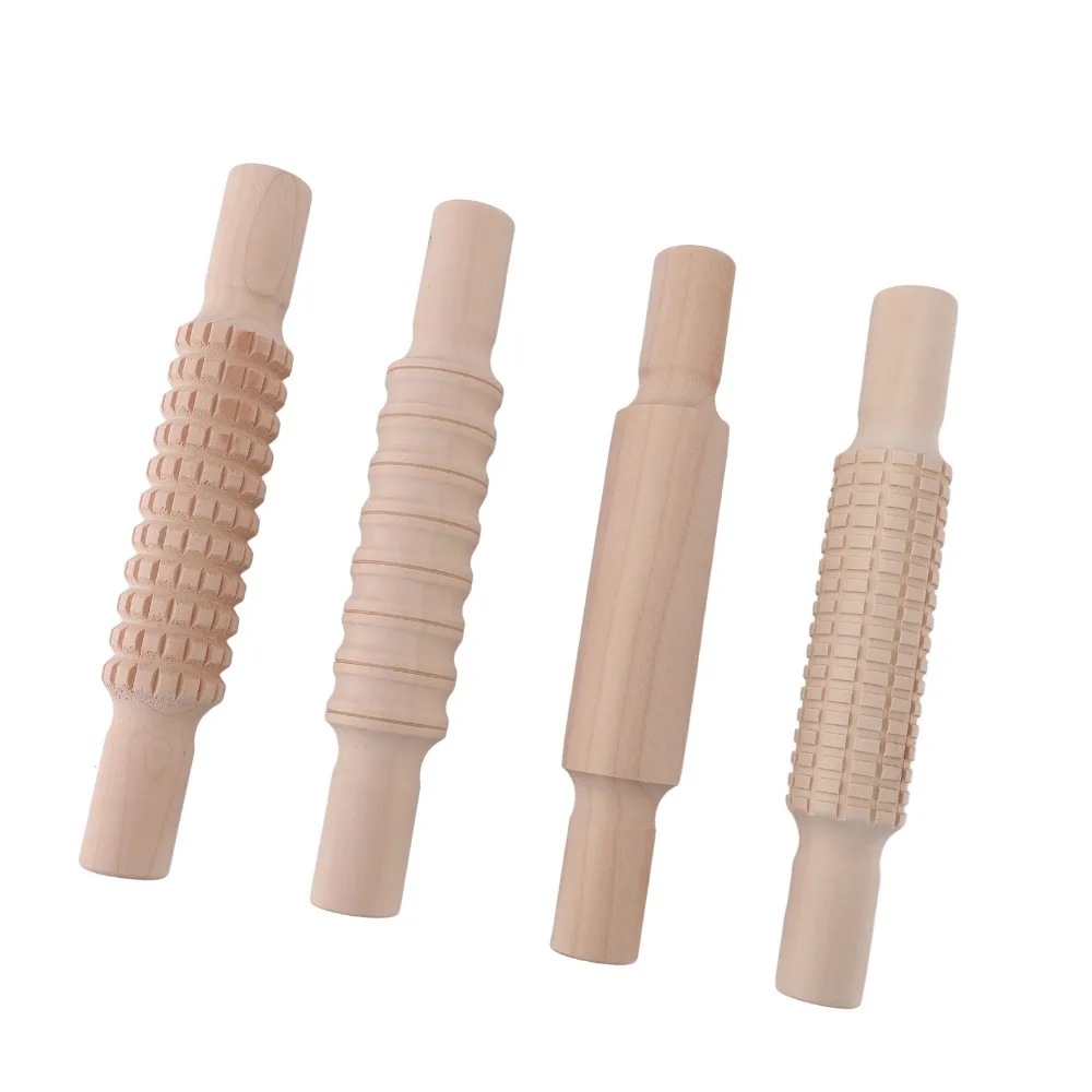 4pcs Durable Wood Rolling Pin Textured Assorted Pattern Clay Texture Roller Easy To Clean Craft Printing Tool Arts Crafts