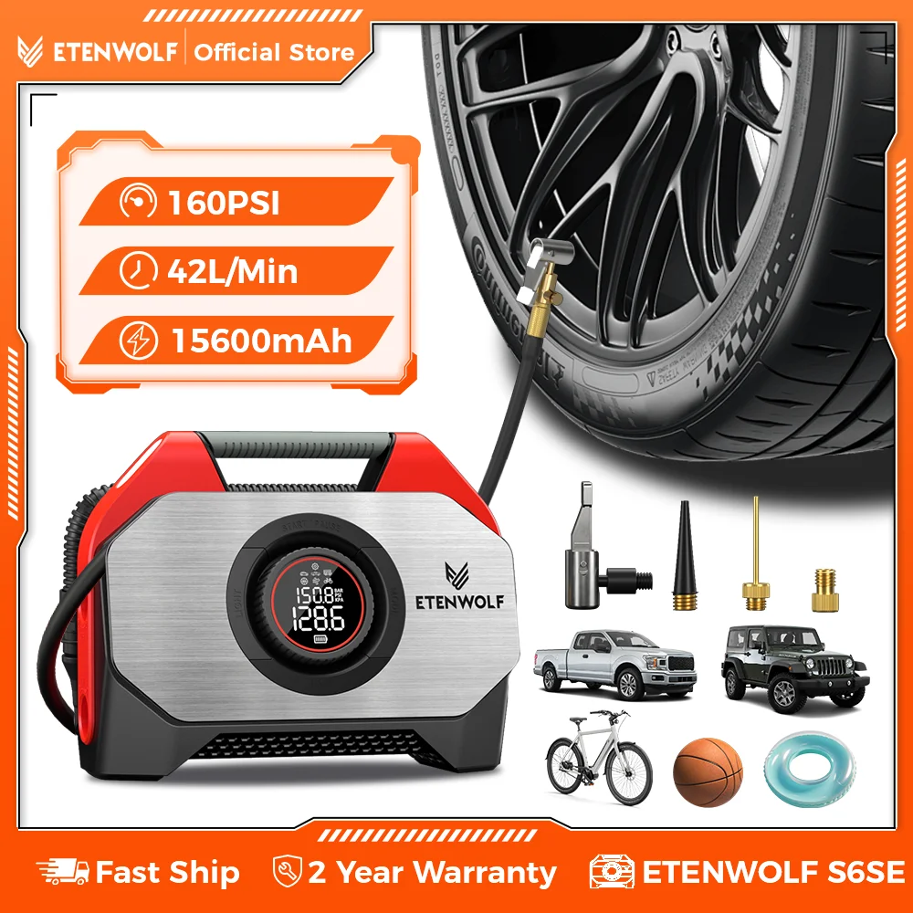 ETENWOLF VORTEX S6SE Cordless Tire Inflator Portable Air Compressor, 160 PSI Air Pump for Car Tires with 15600 mAh Battery