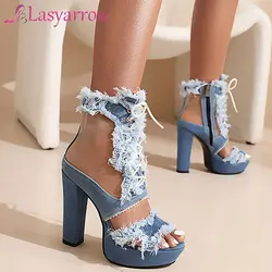 Lasyarrow Denim Jeans Fabric Light Blue Peep Toe Sexy Female Shoes Lace-up Platform Heels Womens Summer Gladiator Boots Sandals