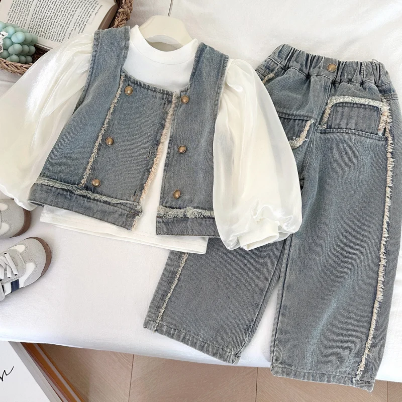 

Girls' Vest Set2025Spring and Autumn New Denim Vest+Denim Jeans Baby Long Sleeve Base Shirt