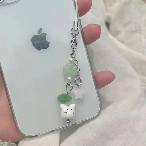 수제 네잎 클로버 비즈 휴대폰 참 y2k 귀여운 고양이 열쇠고리