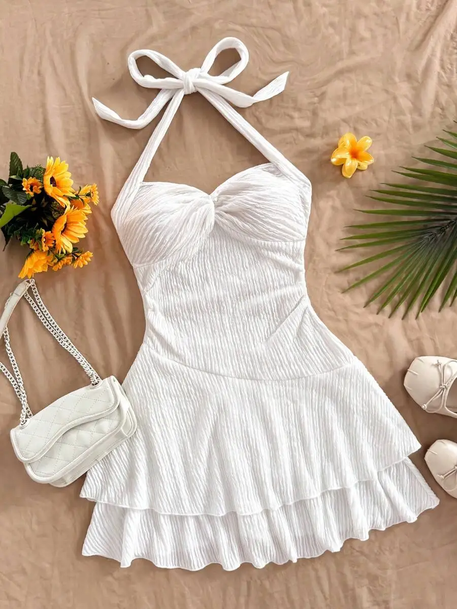 Soleia Backless Mini Dress With Neck Tie, Ruched Hem And Double Layer, Suitable For Party, Date, Valentine's Day,Summer Dresses