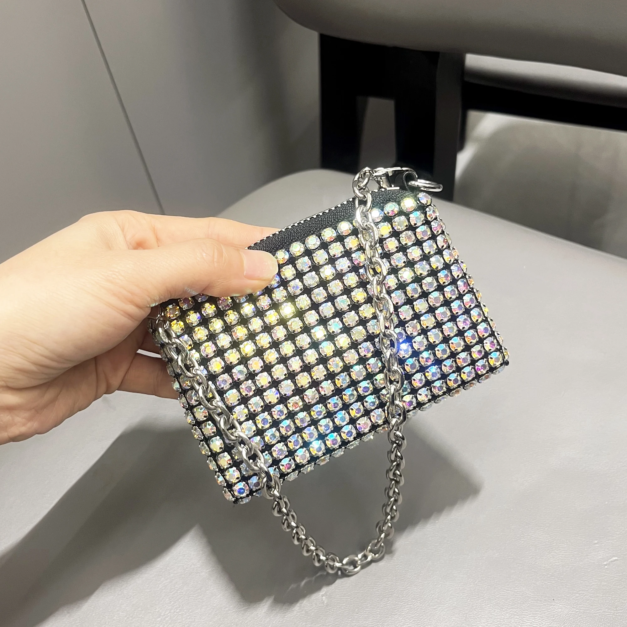 Mini Smal Bag Shiny Rhinestone Coin Purse Short Chain Coin Bag Handle Small Card Bag Handle Woman\'s  purse Design handmade