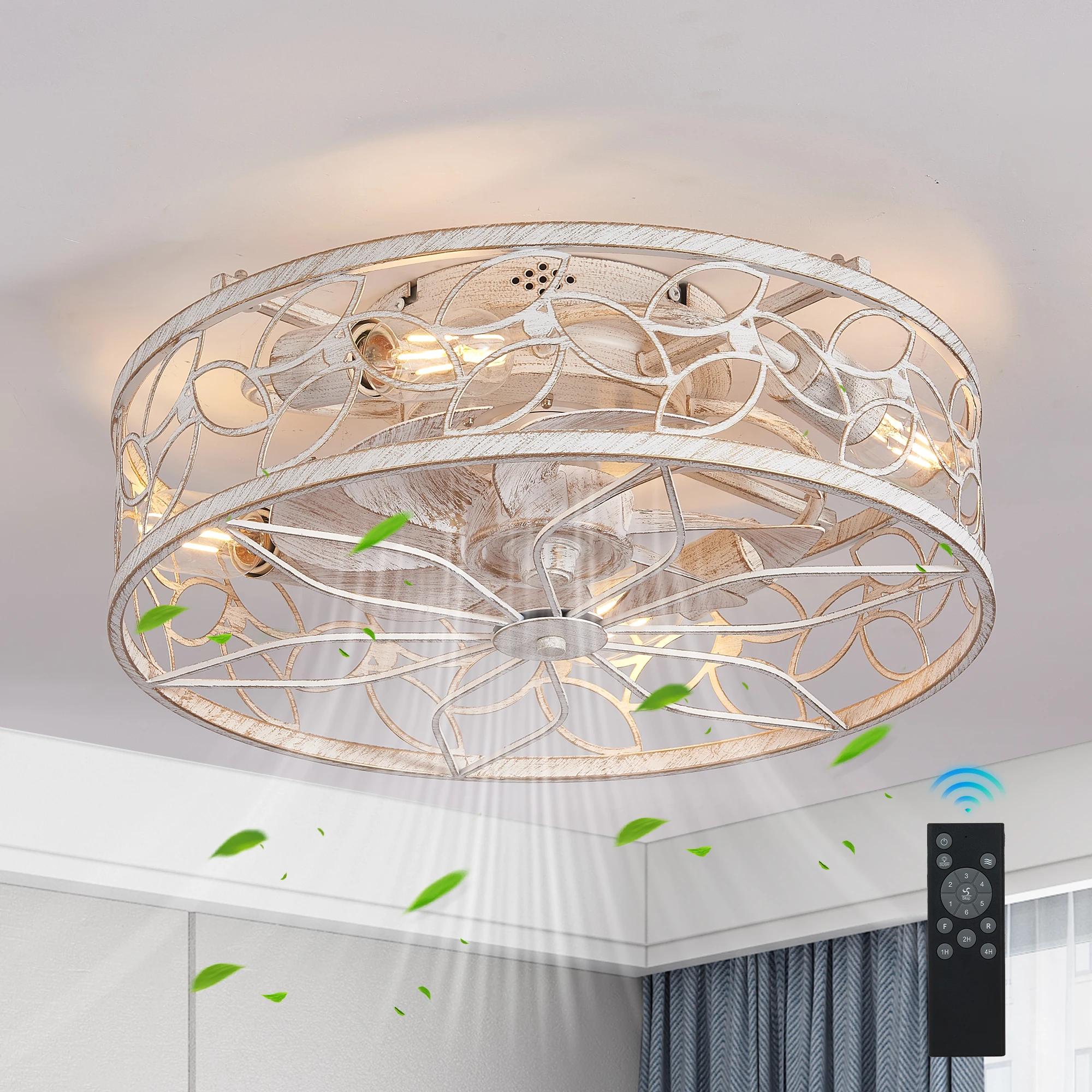 

ARLGSITE 18 Inch White Vintage Caged Ceiling Fan Light Quiet Operation,Remote Control,Industrial Style for Living Room,Bedroom