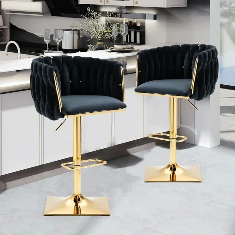 Modern Velvet Fabric Bar Stools 360 Rotating Gold Metal High Stool Adjustable Height Table Kitchen Dining Hall Steel Bar Chairs