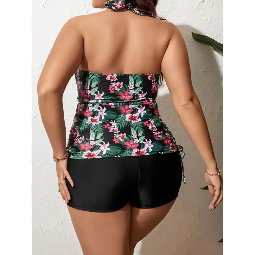 Cikini-Plus Size Bikini, Split Print, Side Drawstring, Hanging Neck, Lace, Backless, Sexy Swimsuit, Summer Beach Swimwear