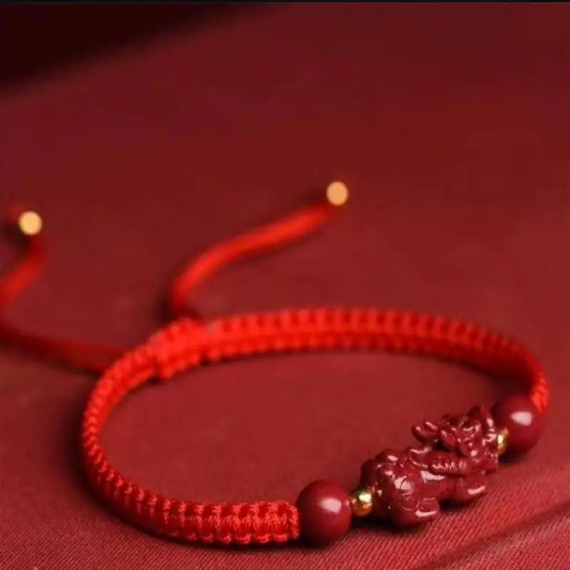 Zinnober-Pixiu-Armband mit handgeflochtenem Seil, Glücksbringer, rotes Armband für Damen und Herren, Schmuckzubehör. – Detail 6