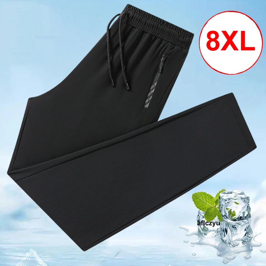 

Summer Cool Pants Men Solid Color Straight Pants Plus Size 8XL Fashion Casual Summer Thin Pants Male Waterproof Trousers Black