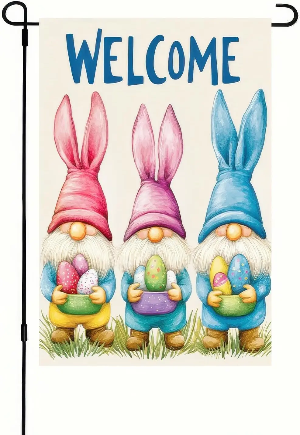 Happy Easter Garden Flag 12 x 18 inch Double Sided Three Cute Gnomes Yard Flag Welcome Easter Colors Egg Garden Flag for Hom EEZ