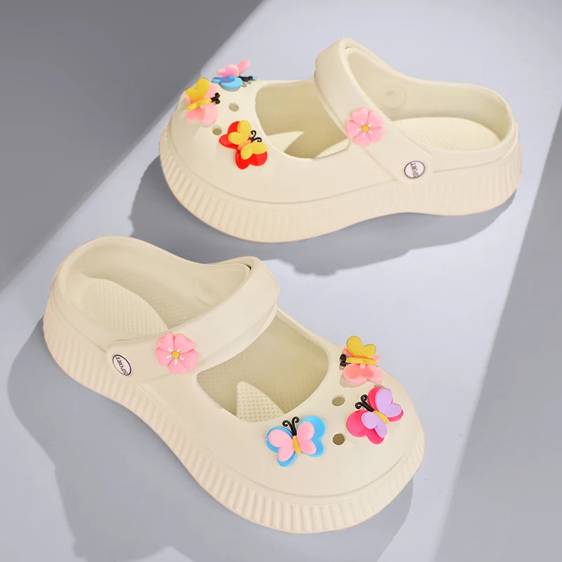 Chaussures de princesse roses pour filles, sandales à essence Mary légères et douces, chaussures de jardin pour enfants, pantoufles de décoration papillon pour femmes, été 2023