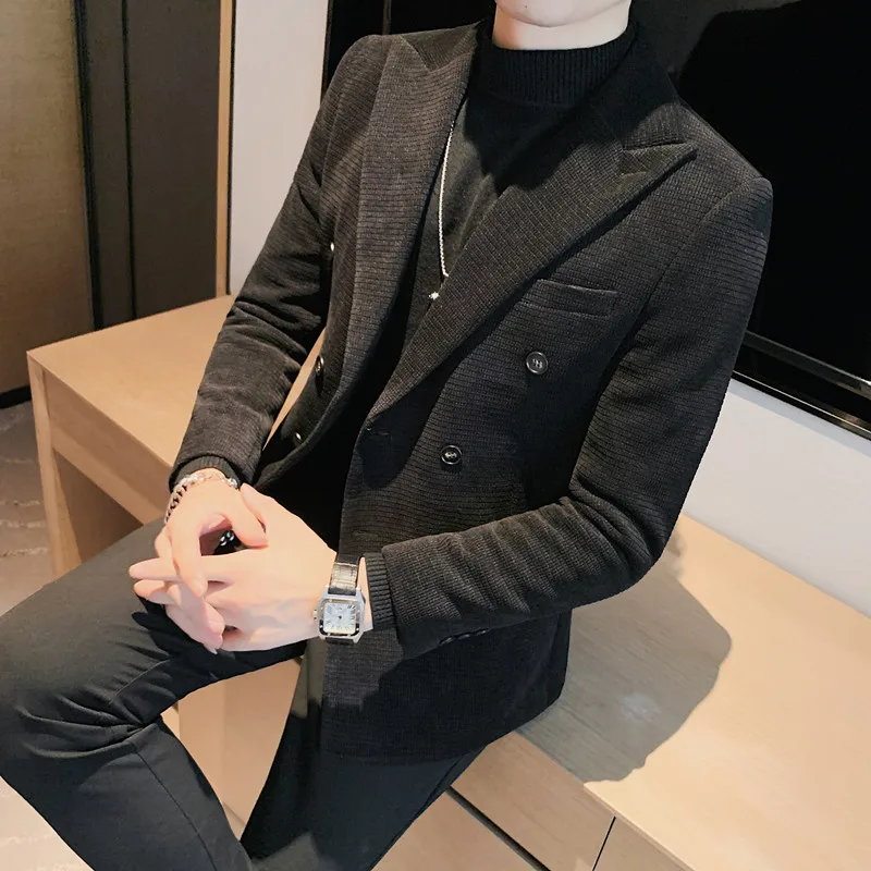 

High-End Corduroy Men's Suit Jaet New Winter Thi Casual Double Row Buttons Men's Sle Faion Urban Busin Casual Pure...