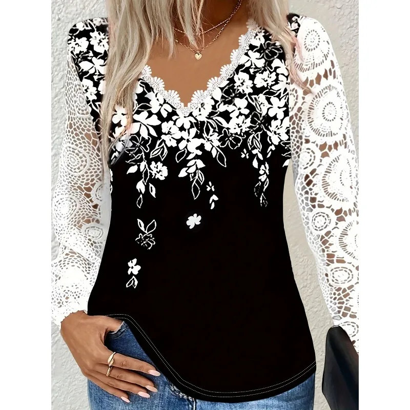 Plus Size Women Casual Shirt Vintage Button V Neck Hollow Out Flower Lace Long Sleeve Blouse Tops Fashion Pullover
