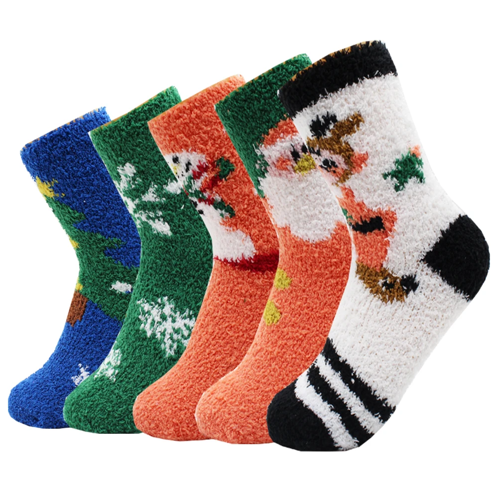 5 Pairs New Autumn and Winter Christmas Thickened Cute Warm Coral Fleece Socks Velvet Santa Fawn Snowflake Women Socks