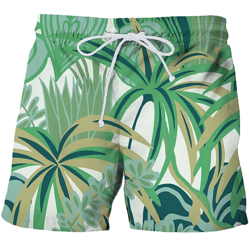 Calção de praia masculino estampado em 3D plantas havaianas, calção de natação, cordão casual, calção de surf secagem rápida, moda verão