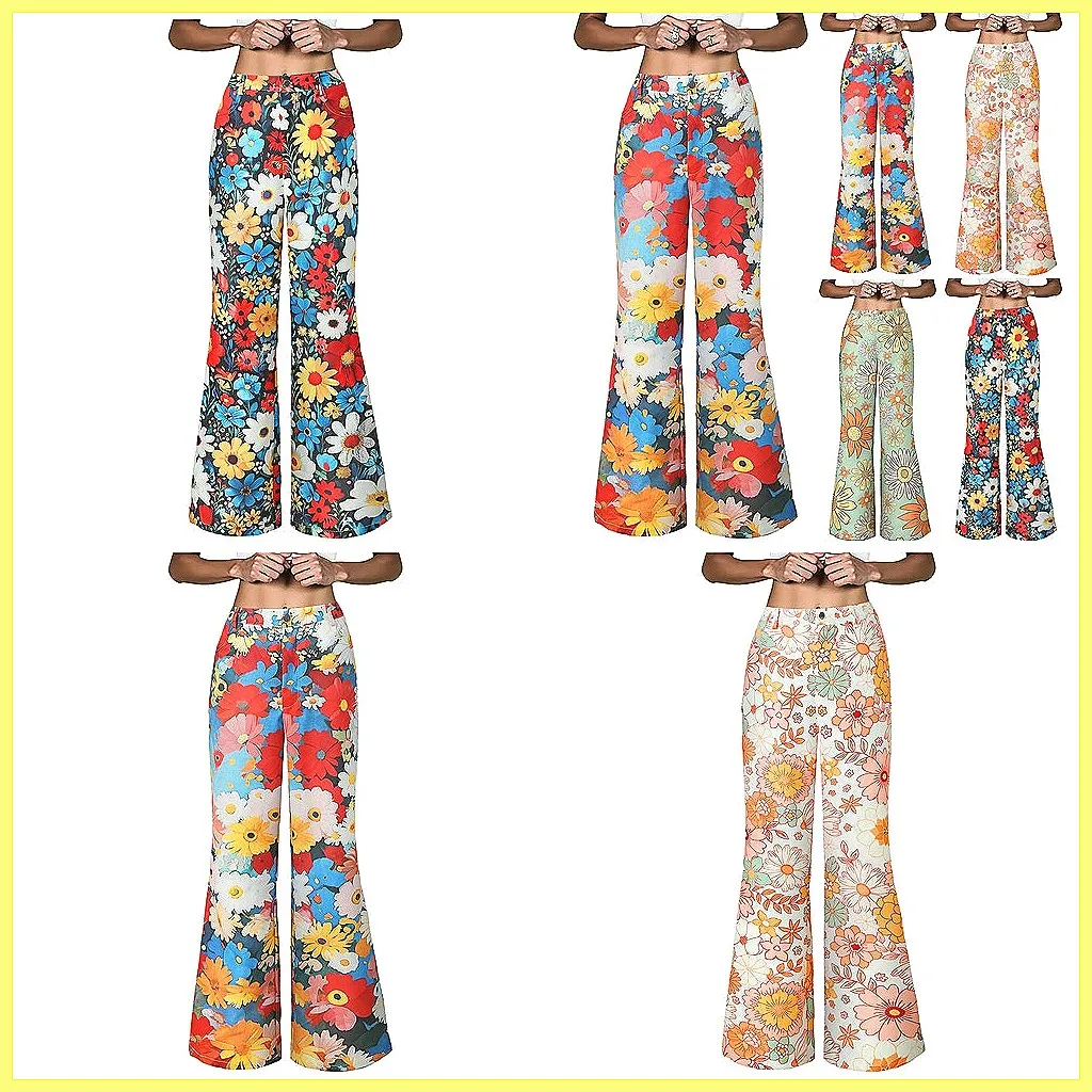 

Vintage Floral Print Wide Leg Pants for Women - Casual High Waist Palazzo Trousers