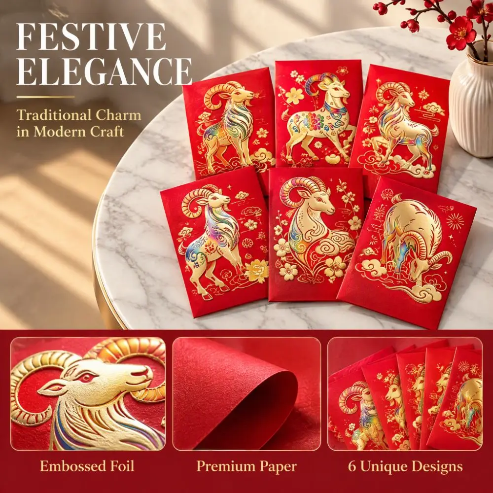 6pcs Colorful Goat Pattern 2027 Chinese New Year Red Envelopes Hot Stamping Rectangular The Year of The Goat Red Packet Cartoon