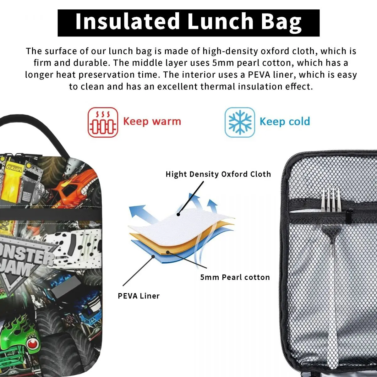 Monster Jam Insulated Lunch Bag Cooler Bag  Lunch Container Monster Trucks Portable Tote Lunch Box Food Storage Bags Outdoor