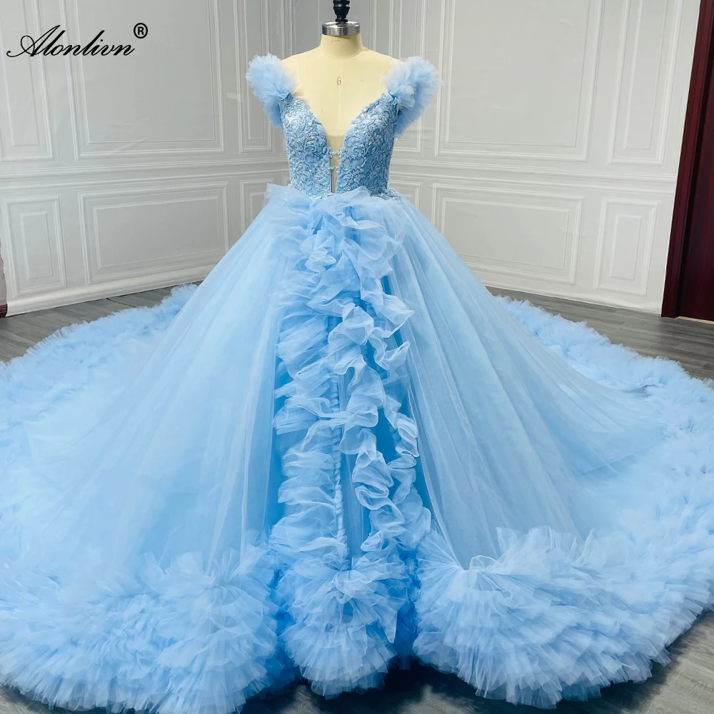 Alonlivn Customize Made Real Pictures Luxury Ball Gown Wedding Dress With Tiered 2 Meters Long Train